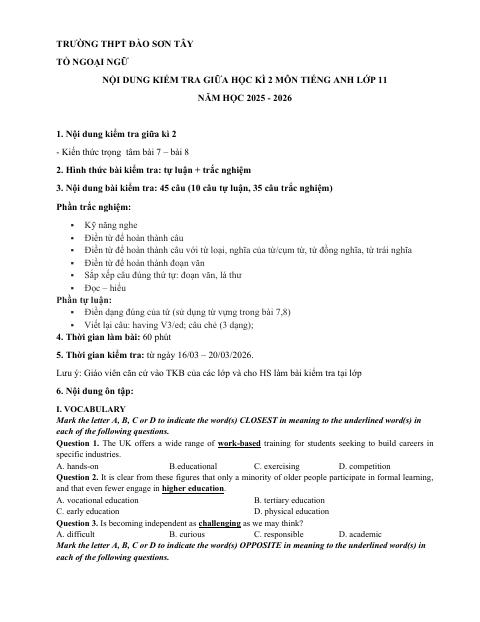 Đề cương ôn tập Giữa kì 2 Tiếng Anh 11 năm 2025–2026 trường THPT Đào Sơn Tây (TP Hồ Chí Minh)